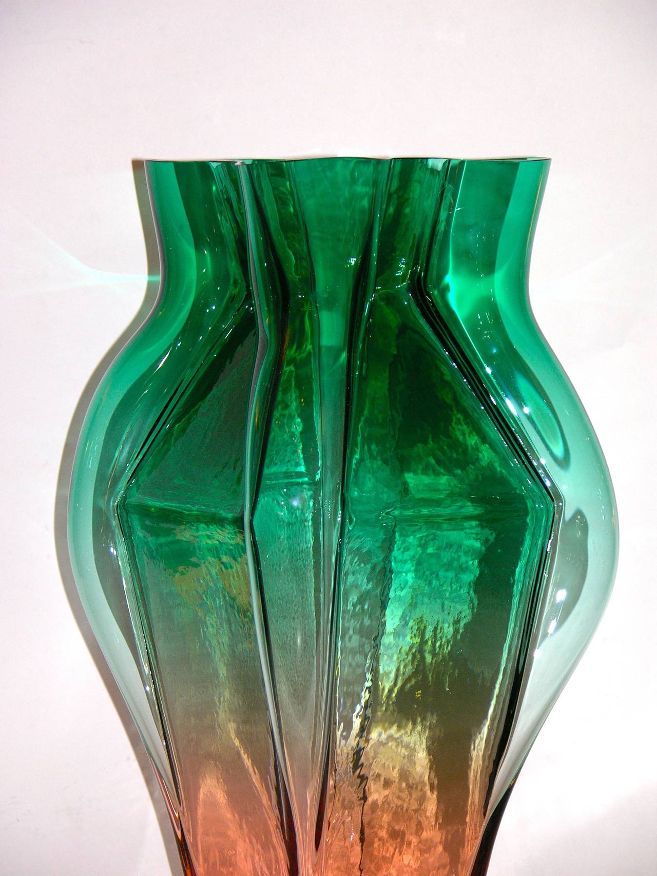 1980s Toni Zuccheri for Venini Green and Orange Murano Glass Vase 1