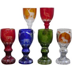 Vintage Hand Engraved Overlay Cut Glass Goblets