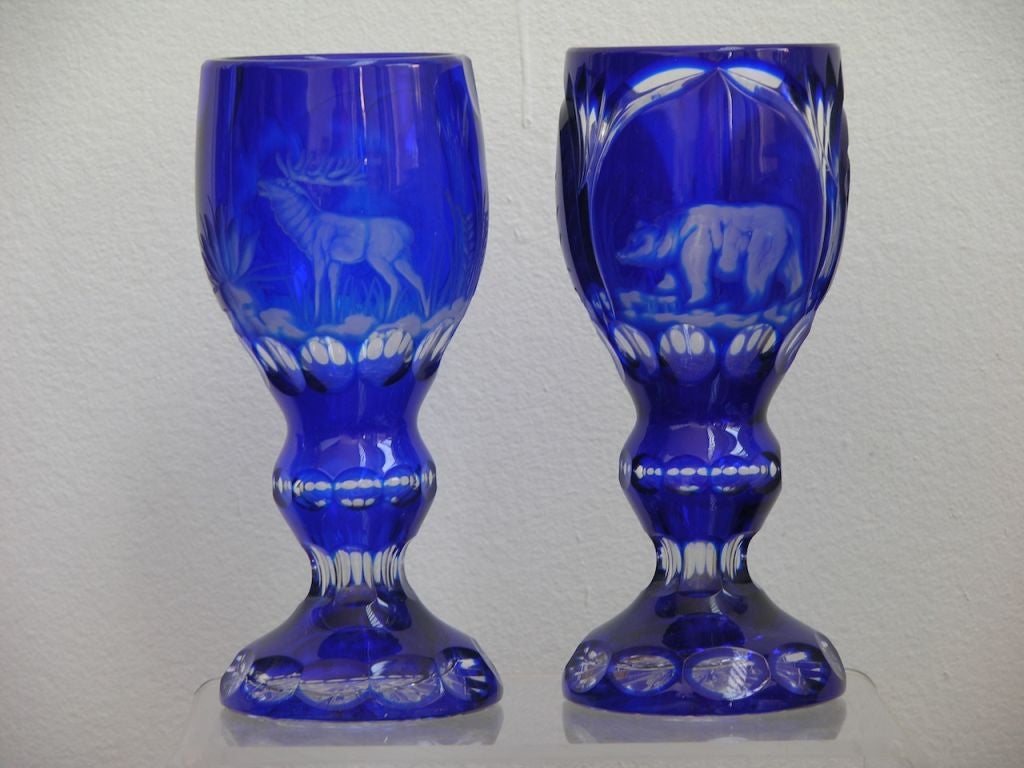 Vintage Hand Engraved Overlay Cut Glass Goblets