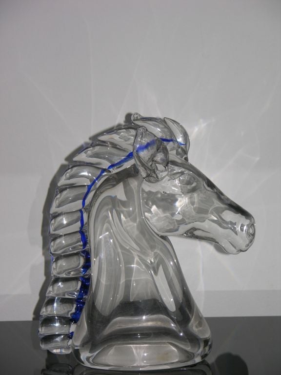 Italian sculptural glass horse in Murano glass, very well blown and hand crafted with expressive details and a beautiful mane highlighted in blue