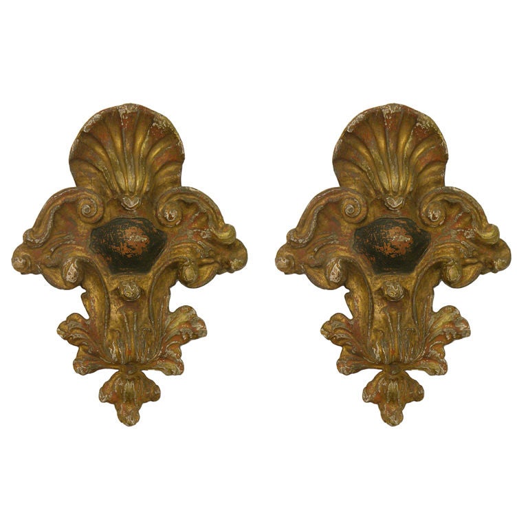 Italian Antique Pair of Rococo 18th Century Black & Gold Carved Wall Decorations