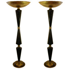 1970s Art Deco Design Pair of Italian Gold and Black Glass Floor Lamps