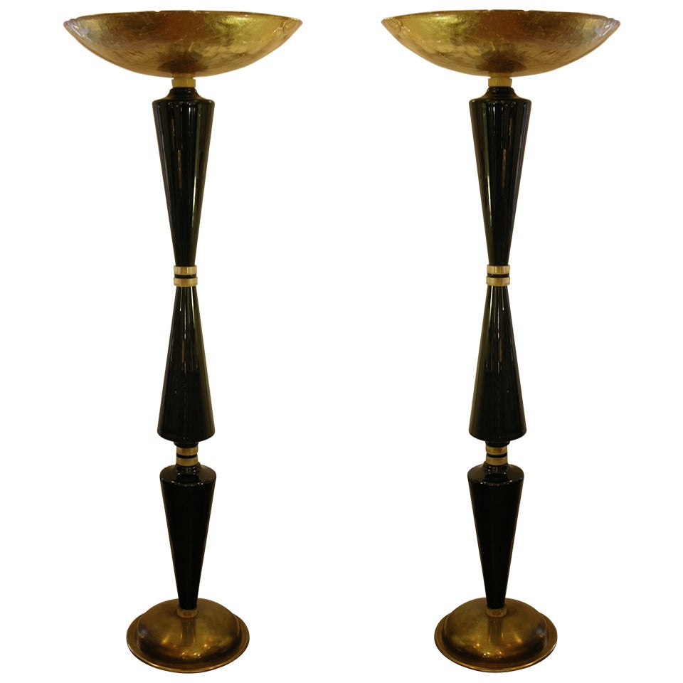 1970s Art Deco Design Pair of Italian Gold and Black Glass Floor Lamps