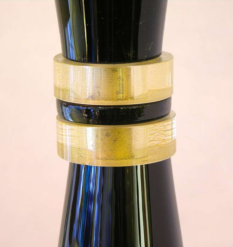 Late 20th Century 1970s Art Deco Design Pair of Italian Gold and Black Glass Floor Lamps