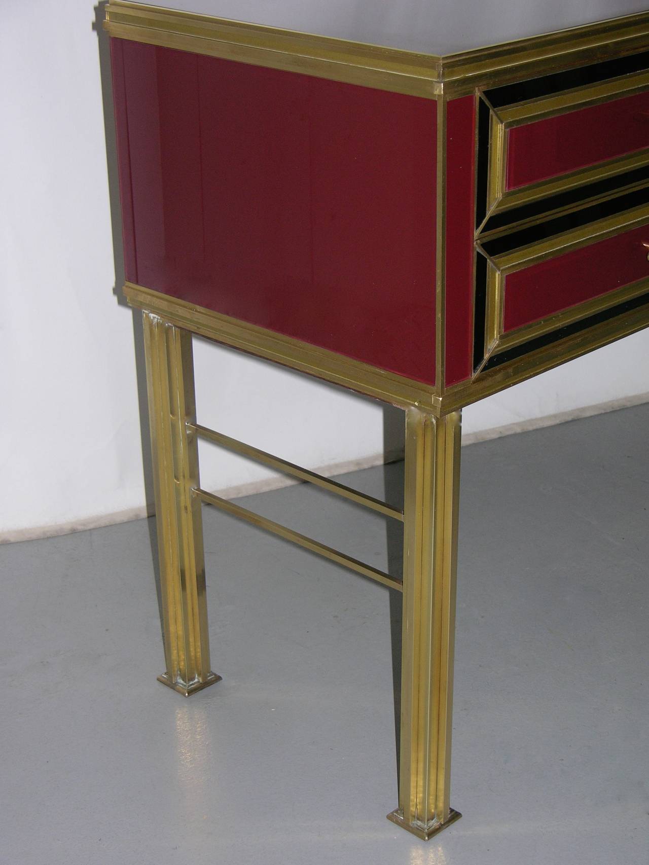 Hand-Crafted One-of-a-Kind Italian Wine Color Glass Sideboard or Console on Bronze Legs