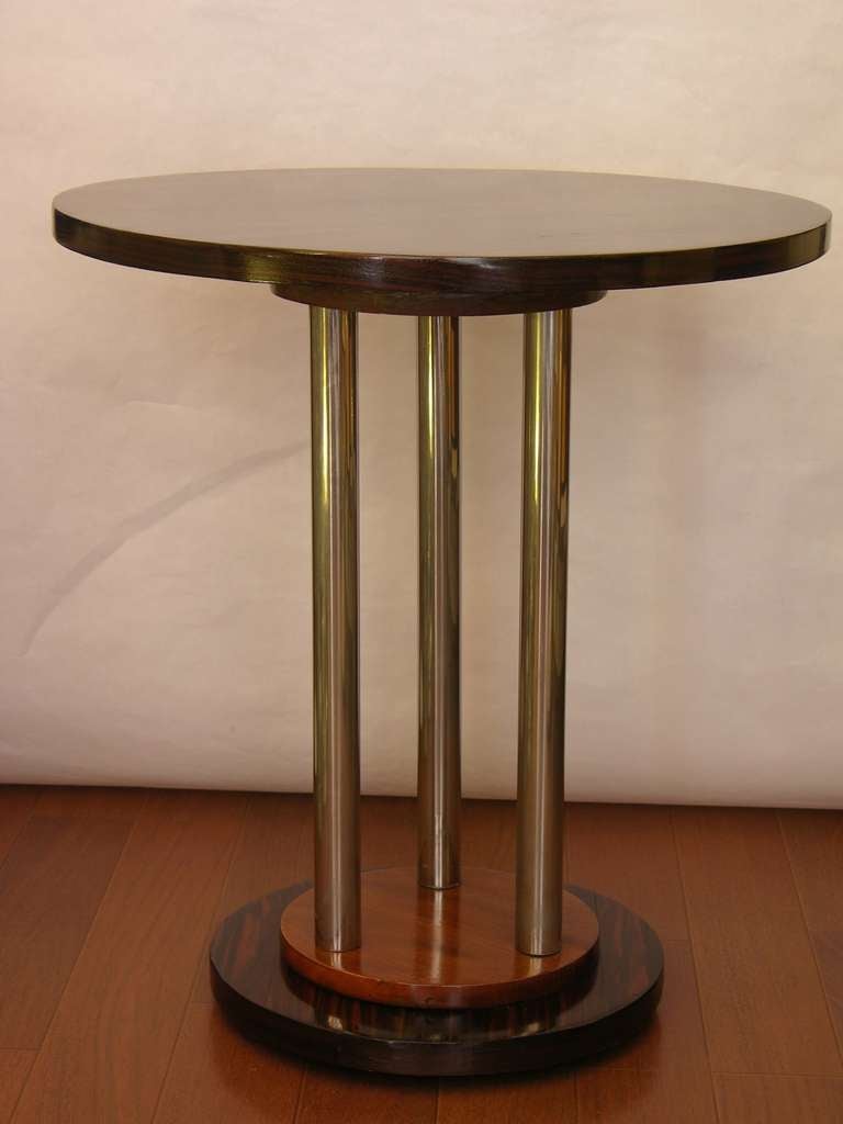 1920s Art Deco Round Side Table in Macassar and Walnut on Chromed Supports