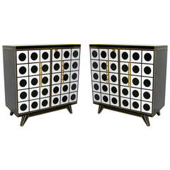 Outstanding 1960s Italian Pair of Black and White Murano Glass Cabinets with Bronze Knuckle Handles