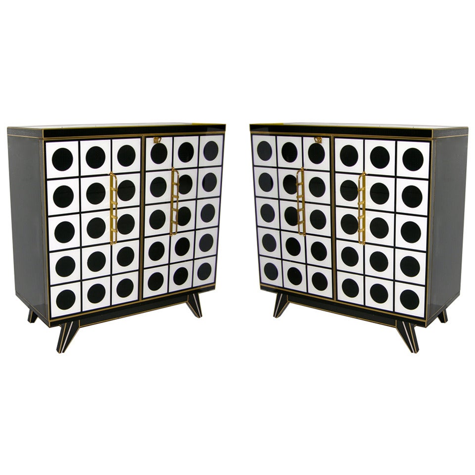 Outstanding 1960s Italian Pair of Black and White Murano Glass Cabinets with Bronze Knuckle Handles