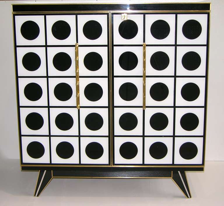 Outstanding 1960s Italian Pair of Black and White Murano Glass Cabinets with Bronze Knuckle Handles 2