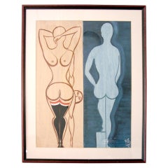 Vintage "the Opposite Sex" Modernist gouache by Luciano Mattioli
