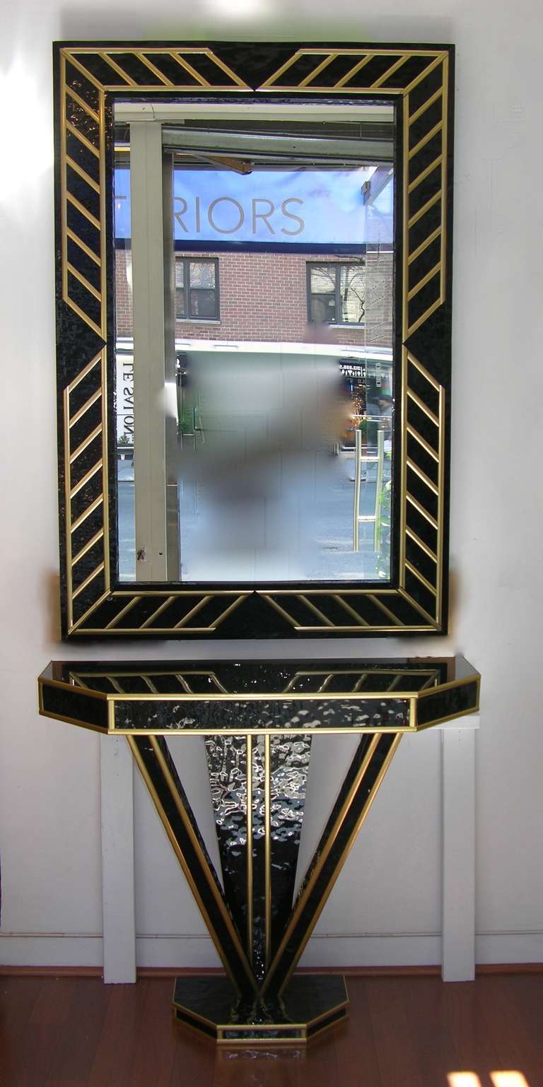 Vintage Italian Pair of Art Deco Style Black Glass and Gilt Consoles In Excellent Condition In New York, NY