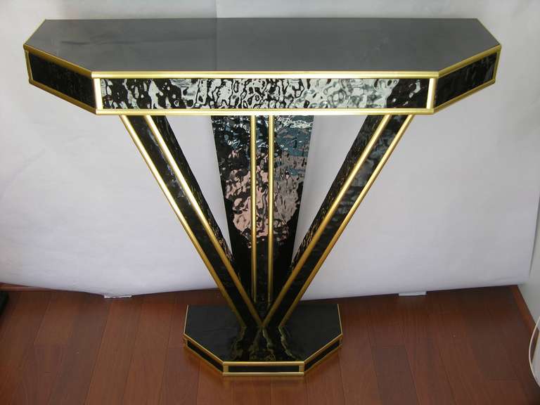 Late 20th Century Vintage Italian Pair of Art Deco Style Black Glass and Gilt Consoles