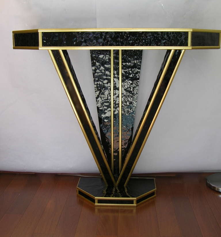 Vintage Italian Pair of Art Deco Style Black Glass and Gilt Consoles 2