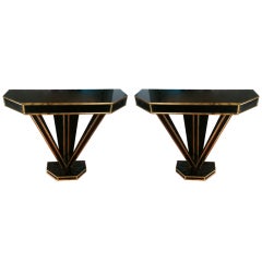 Vintage Italian Pair of Art Deco Style Black Glass and Gilt Consoles