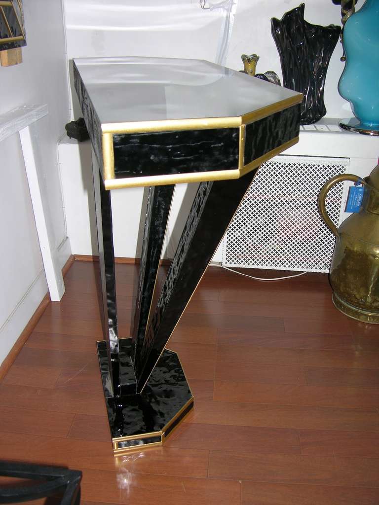Vintage Italian Pair of Art Deco Style Black Glass and Gilt Consoles 3