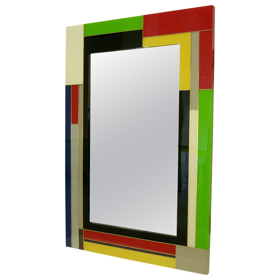 1970s Colorful Italian Murano Glass Mirror with Bronze Insets