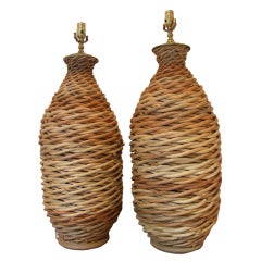 Vintage pair of very organic oversized rattan lamps