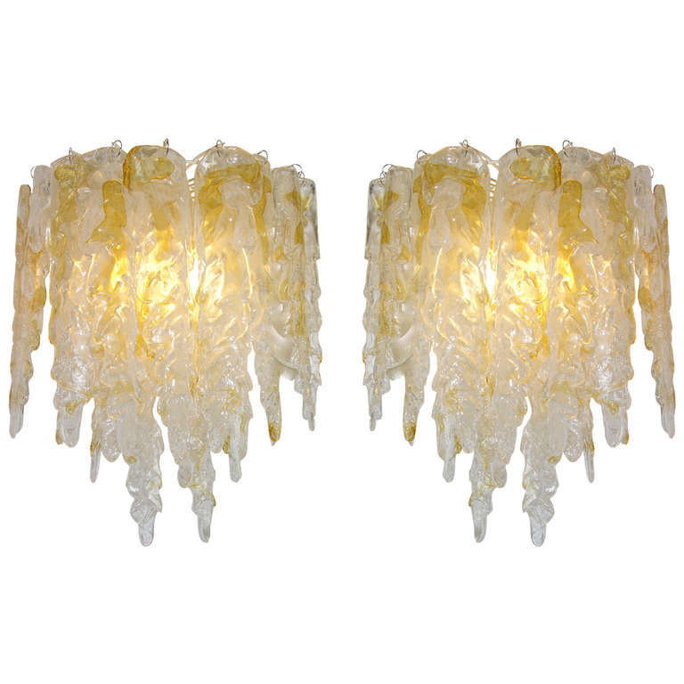 1970s Mazzega Striking Murano Glass, Pair of Icicle Sconces