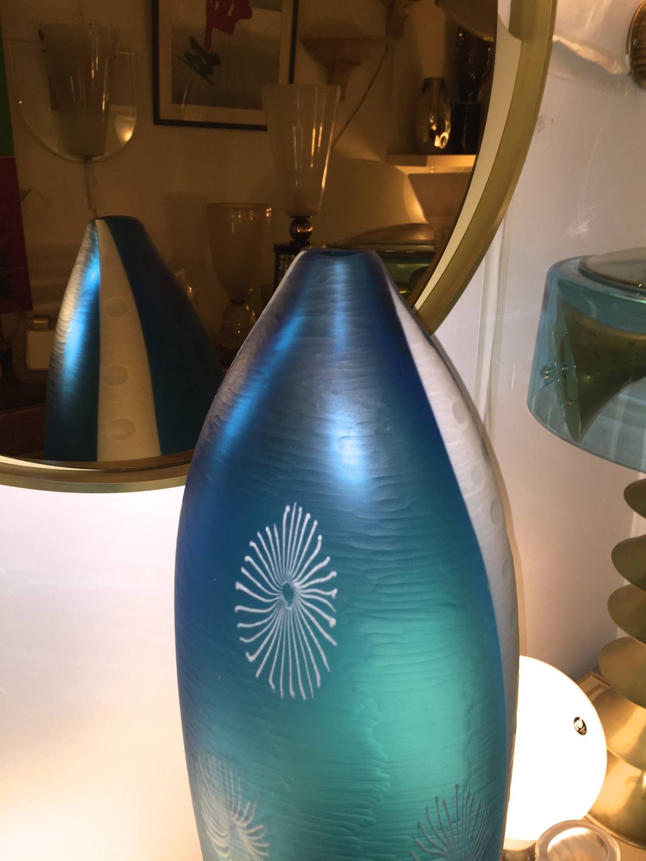 Blown Glass Dona Contemporary Italia Turquoise & White Textured Murano Glass Tall Vase For Sale