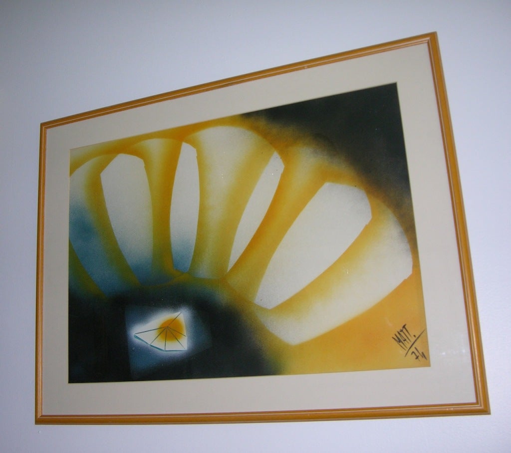 An abstract painting dated and signed by the Italian designer, inventor and painter Luciano Mattioli (1924-1994), a very versatile and prolific artist on the Italian and French design scene, designer for Philips and Grundig and exclusive designer in