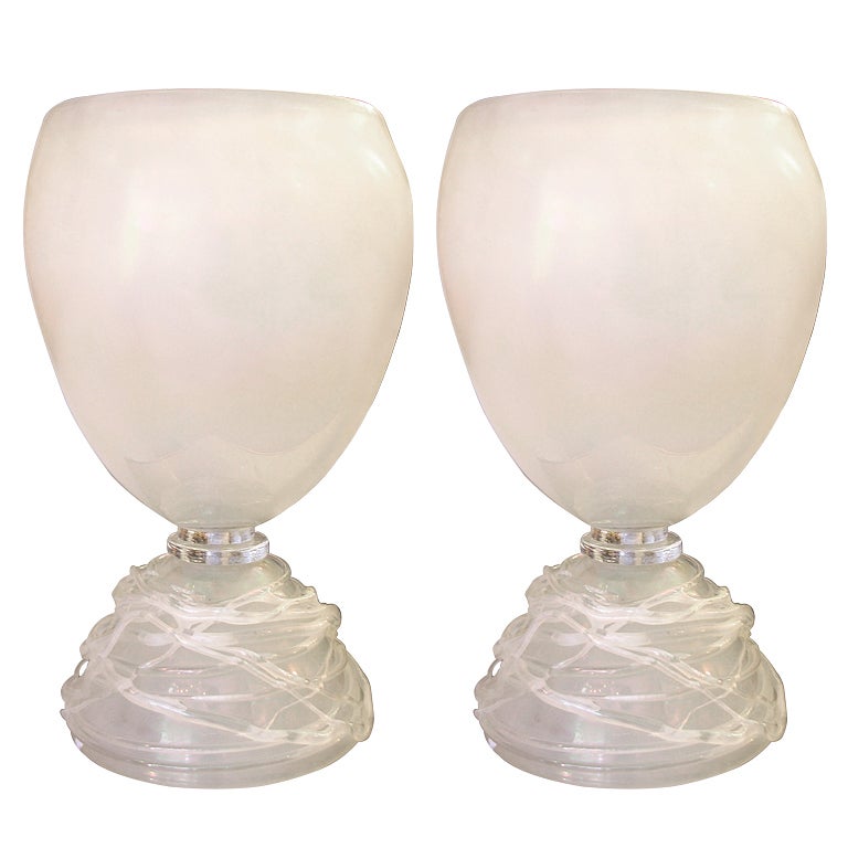 1970s Italian Pair of Ice Glass Venini Lamps