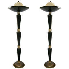1970s Italian Pair Of Art Deco Design Black Glass Floor Lamps