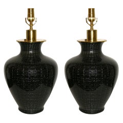 1960s Pair of Black Glass Lamps With Avventurina by Venini