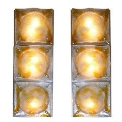 Pair of Mazzega long glass lights composed of 3 square elements