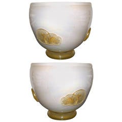 1970s Pair of Ivory and Gold Murano Glass Bowls or Vases Attributed to Seguso