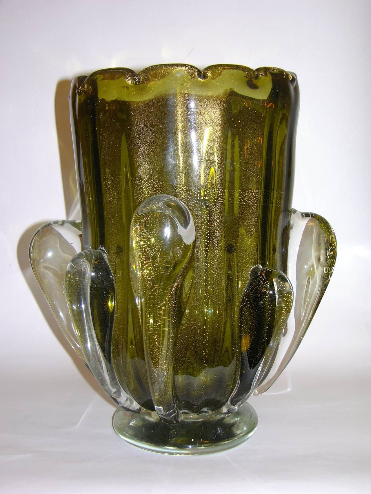 1980s Superb Pair of Olive Green and Gold Murano Glass Vases by Costantini 2