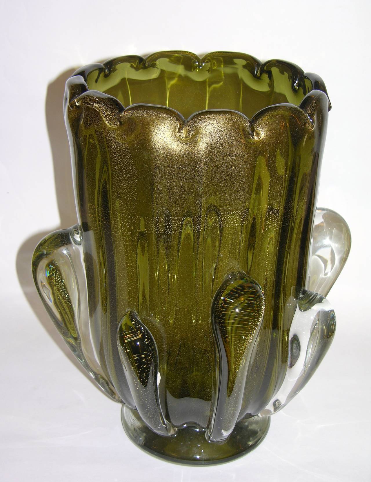 1980s Superb Pair of Olive Green and Gold Murano Glass Vases by Costantini 3