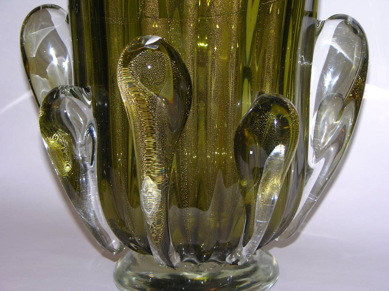 Late 20th Century 1980s Superb Pair of Olive Green and Gold Murano Glass Vases by Costantini