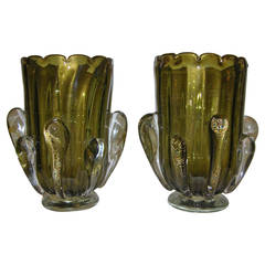 1980s Superb Pair of Olive Green and Gold Murano Glass Vases by Costantini