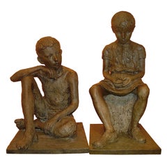 1930s French Antique Lifesize Children Sculptures in Bronze Finish
