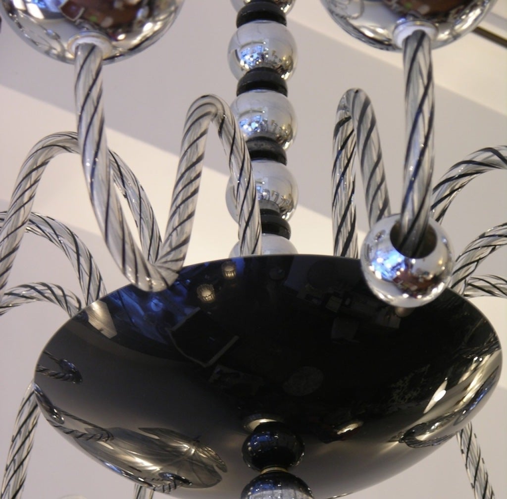 Italian 1950s One of a Kind Chromed and Black 12 Lights Murano Glass Chandelier