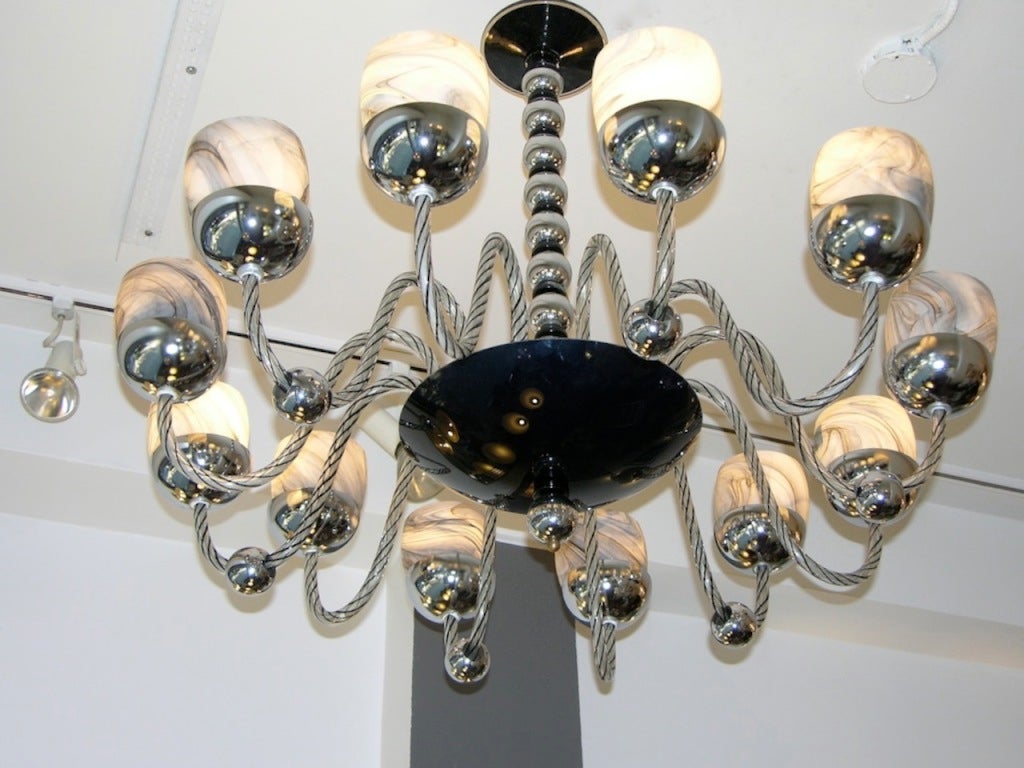 1950s One of a Kind Chromed and Black 12 Lights Murano Glass Chandelier 1