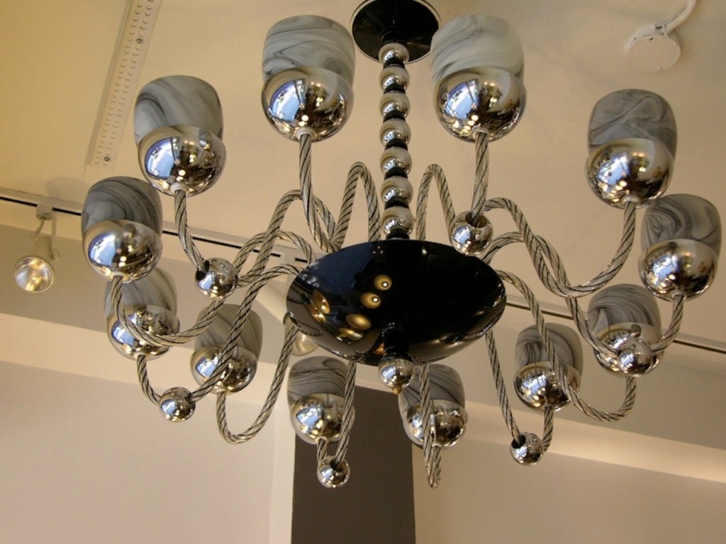 1950s One of a Kind Chromed and Black 12 Lights Murano Glass Chandelier 3
