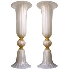 Vintage Pair of Huge Double Vases in Murano Glass with 24kt Gold