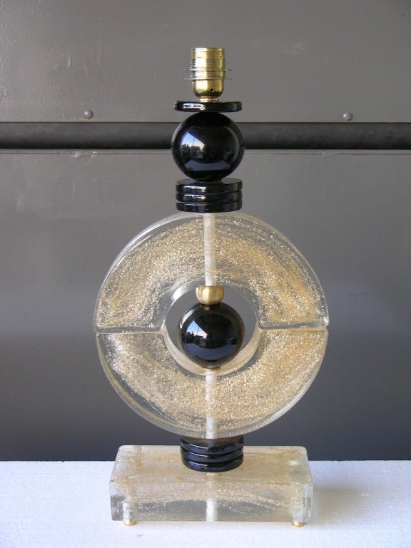 Pair of whimsical lamps in black & gold powdered Murano glass