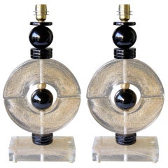 Pair of whimsical lamps in black & gold powdered Murano glass
