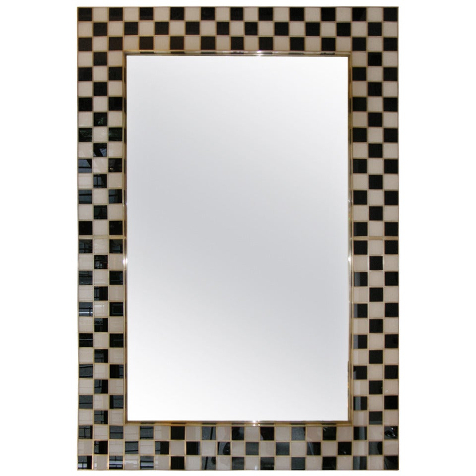 Dramatic Italian Black and White Murano Glass Mirror with Bronze Inlays, 1970s 