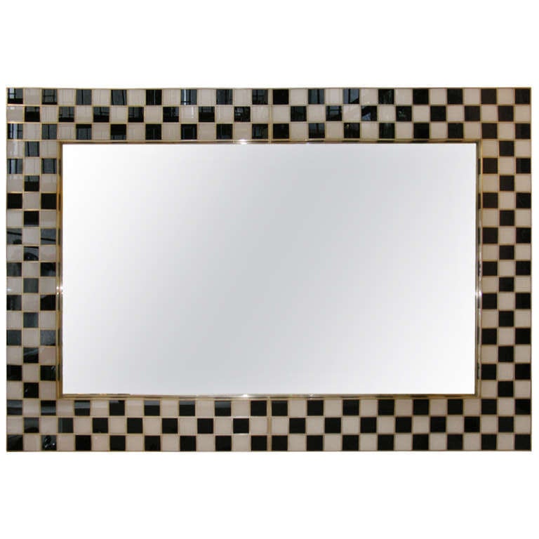 Dramatic Italian Black and White Murano Glass Mirror with Bronze Inlays, 1970s  In Excellent Condition In New York, NY