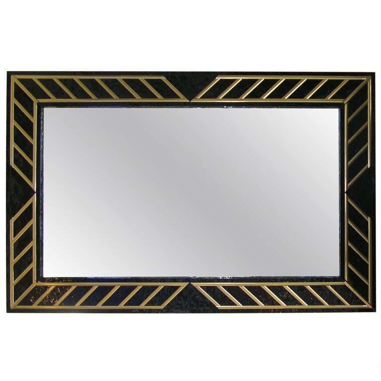 Hand-Crafted 1970s Italian Art Deco Design Black and Gold Vintage Mirror