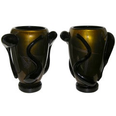 Superbe paire de vases en verre de Murano noir et or par Costantini
