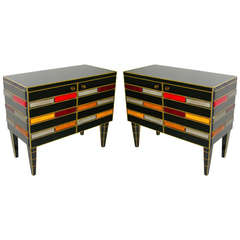 1970s Italian Pair of Black Glass Sideboards with Colored Glass Tiles