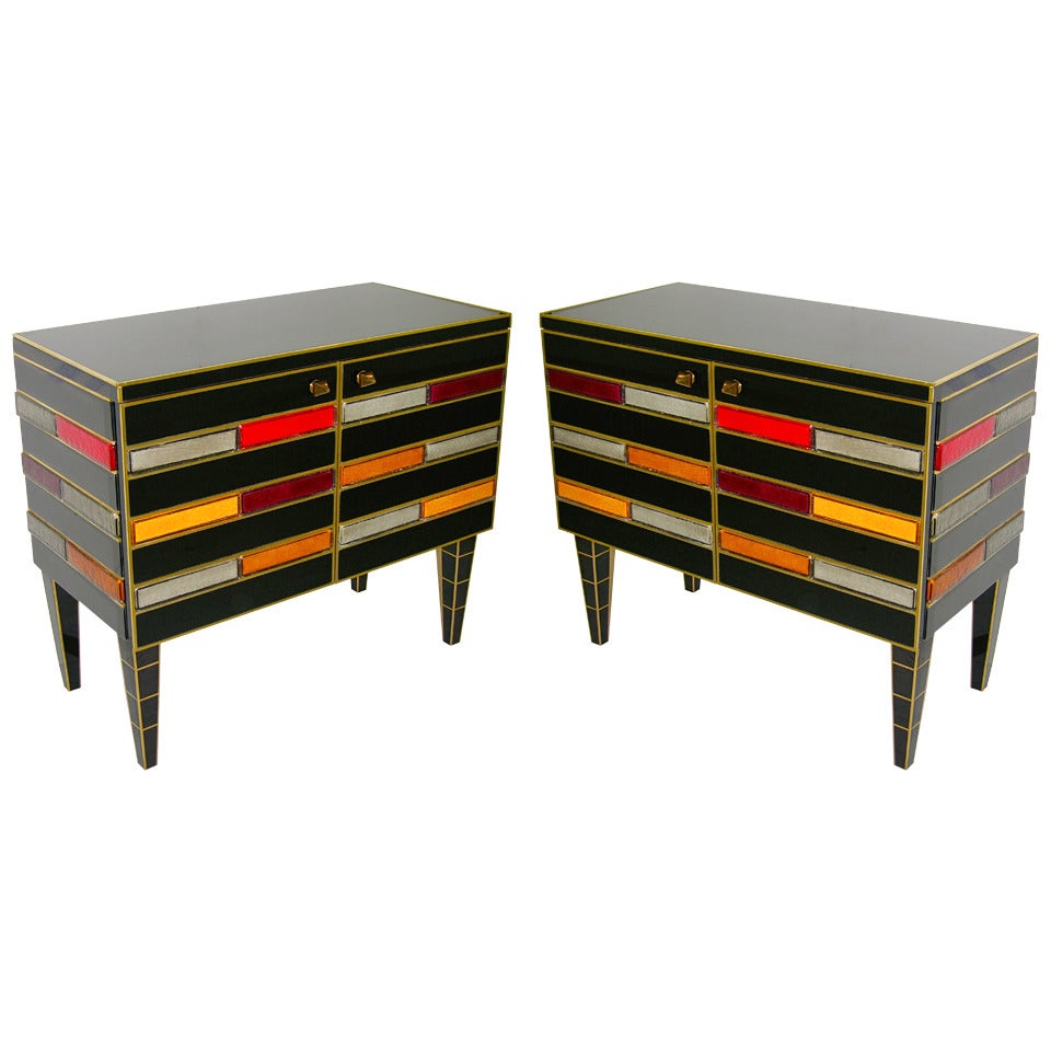 1970s Italian Pair of Black Glass Sideboards with Colored Glass Tiles