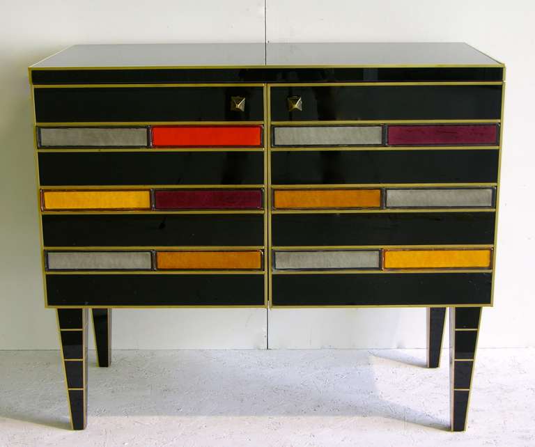 1970s Italian Pair of Black Glass Sideboards with Colored Glass Tiles In Excellent Condition In New York, NY