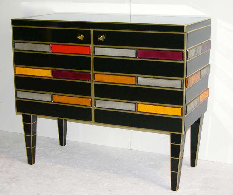 Late 1970s Custom Made Italian Design pair of very chic opaline black glass cabinets or sideboards, with unique and very rare decoration consisting of handmade textured Murano glass tiles in different colors, slightly in relief outlined with