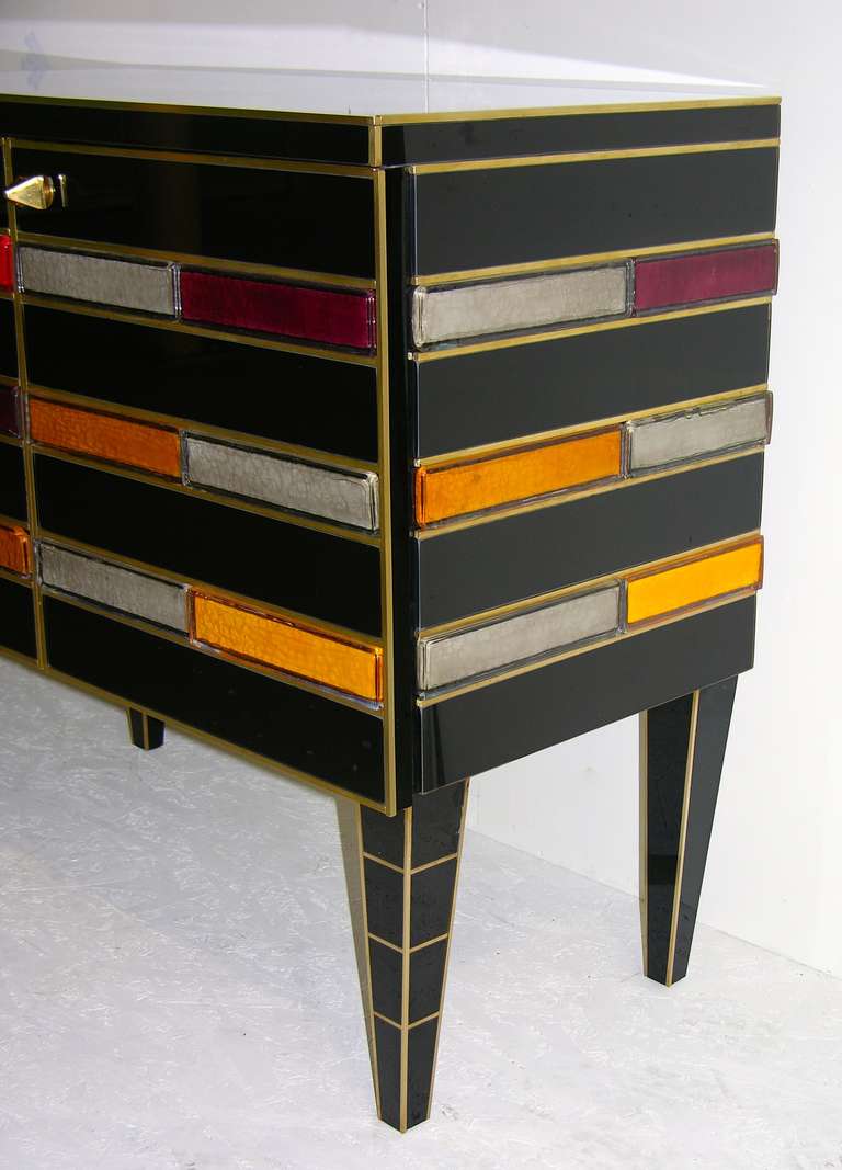 Late 20th Century 1970s Italian Pair of Black Glass Sideboards with Colored Glass Tiles