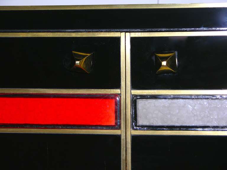 1970s Italian Pair of Black Glass Sideboards with Colored Glass Tiles 3